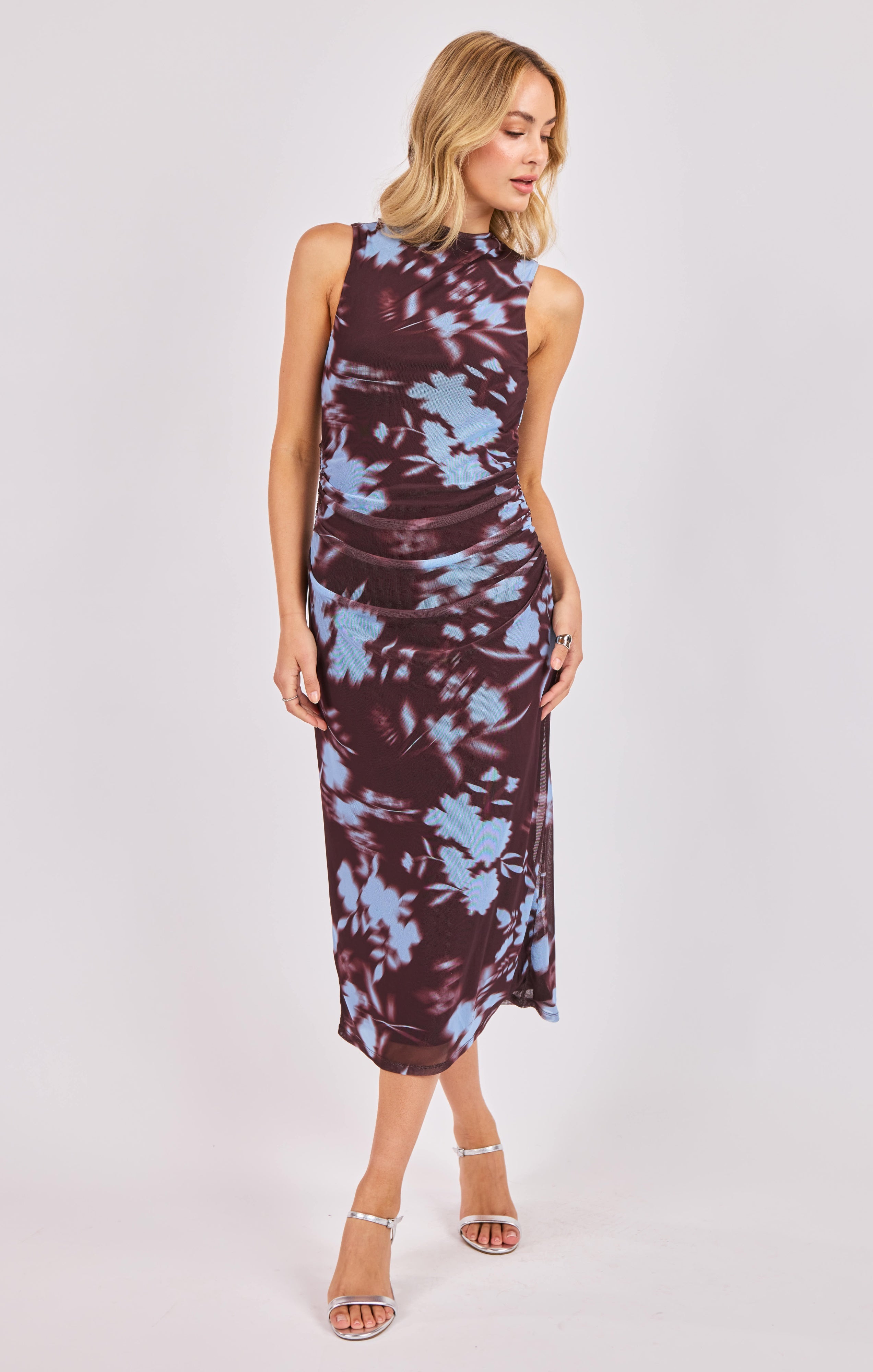 Sadie & Sage Urban Siren Ruched Midi Dress in Brown Blue-Midi Dresses-Sadie & Sage-Deja Nu Boutique, Women's Fashion Boutique in Lampasas, Texas
