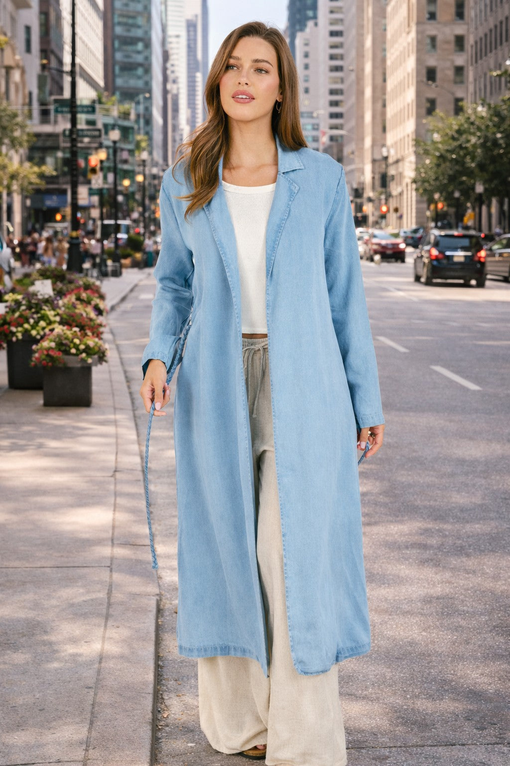 Sadie & Sage “It’s Pouring” Light Chambray Duster Coat with Braided Belt (Style AJ1504)-Outerwear-Sadie & Sage-Deja Nu Boutique, Women's Fashion Boutique in Lampasas, Texas