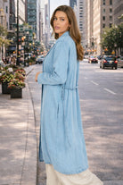 Sadie & Sage “It’s Pouring” Light Chambray Duster Coat with Braided Belt (Style AJ1504)-Outerwear-Sadie & Sage-Deja Nu Boutique, Women's Fashion Boutique in Lampasas, Texas