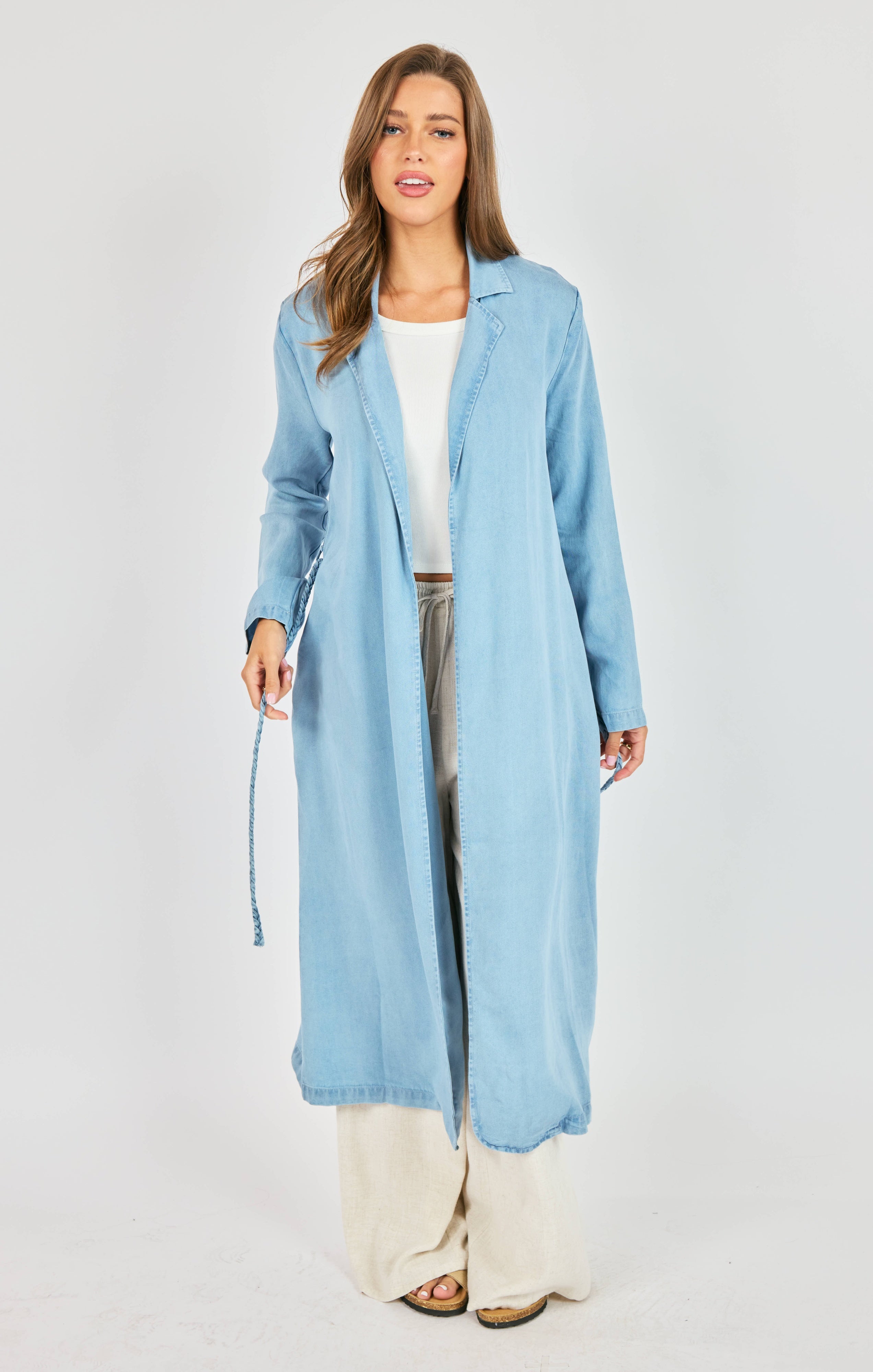 Sadie & Sage “It’s Pouring” Light Chambray Duster Coat with Braided Belt (Style AJ1504)-Outerwear-Sadie & Sage-Deja Nu Boutique, Women's Fashion Boutique in Lampasas, Texas