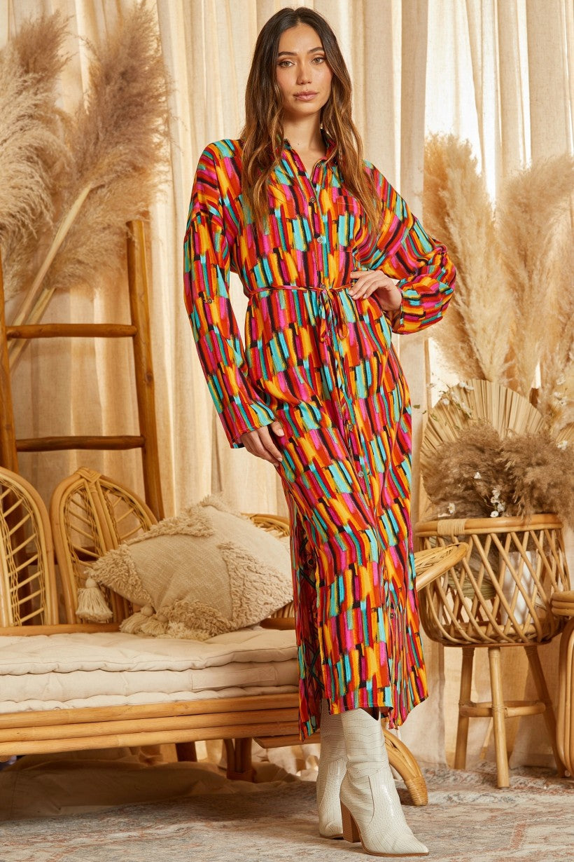 Savanna Jane Button Down Fun Print Maxi Shirt Dress Or Kimono With Roll Up Sleeves-Maxi Dresses-Savanna Jane-Deja Nu Boutique, Women's Fashion Boutique in Lampasas, Texas