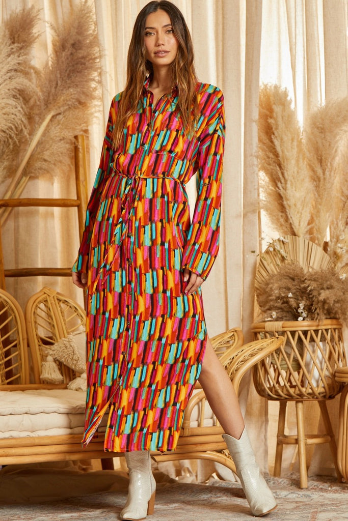 Savanna Jane Button Down Fun Print Maxi Shirt Dress Or Kimono With Roll Up Sleeves-Maxi Dresses-Savanna Jane-Deja Nu Boutique, Women's Fashion Boutique in Lampasas, Texas