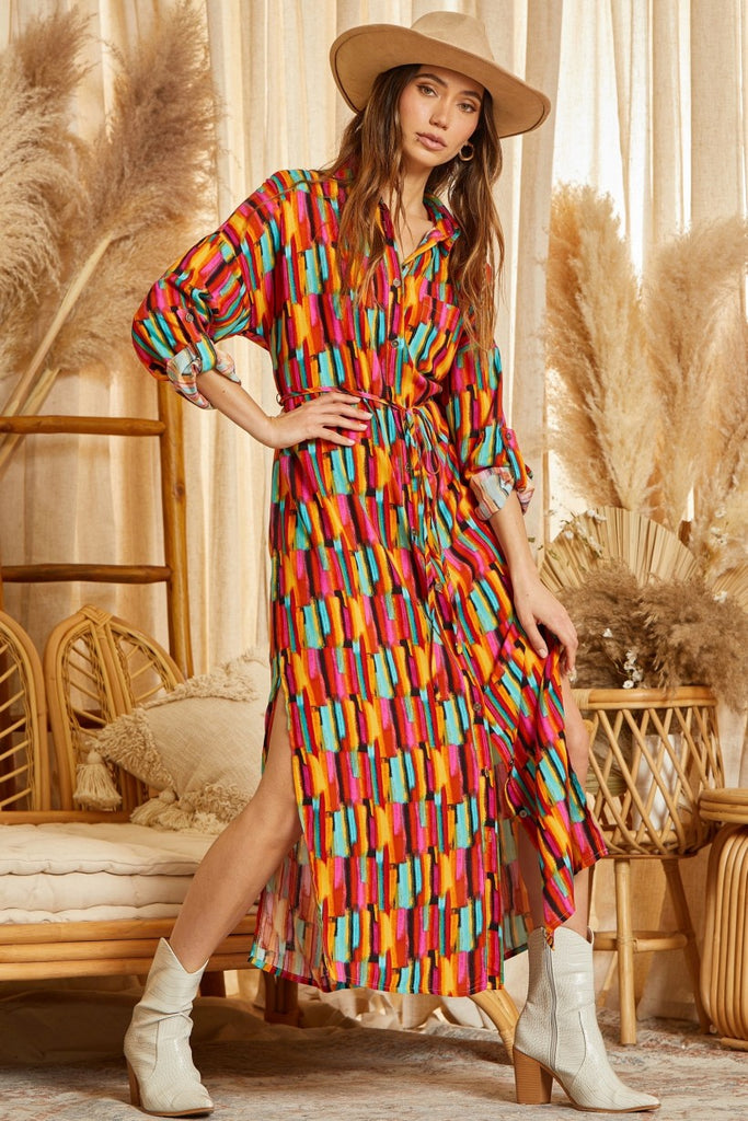 Savanna Jane Button Down Fun Print Maxi Shirt Dress Or Kimono With Roll Up Sleeves-Maxi Dresses-Savanna Jane-Deja Nu Boutique, Women's Fashion Boutique in Lampasas, Texas
