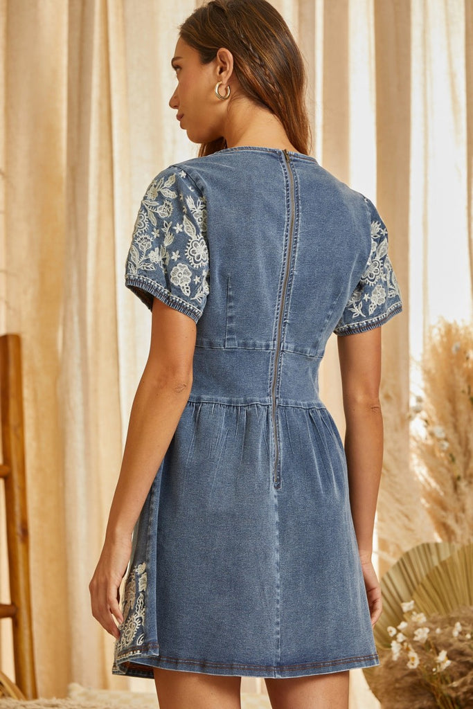 Savanna Jane Embroidered Denim Fit And Flare Dress With Puff Sleeves-Short Dresses-Savanna Jane-Deja Nu Boutique, Women's Fashion Boutique in Lampasas, Texas