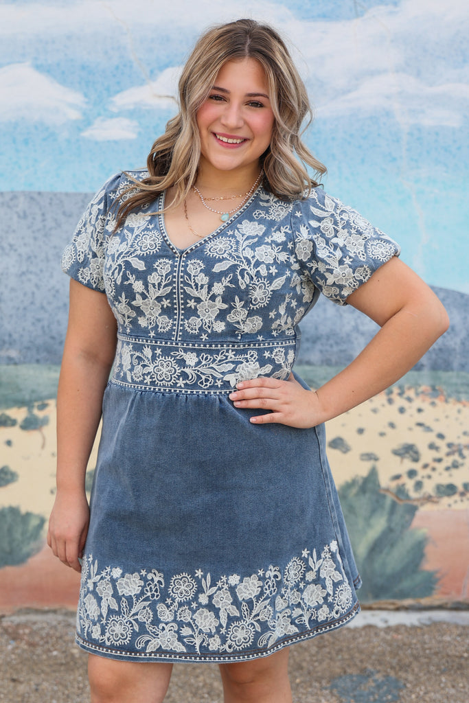 Savanna Jane Embroidered Denim Fit And Flare Dress With Puff Sleeves-Short Dresses-Savanna Jane-Deja Nu Boutique, Women's Fashion Boutique in Lampasas, Texas