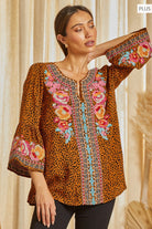 Savanna Jane Embroidered Mocha Multi Split Neckline Top With Bell Sleeve Plus-Curvy/Plus Blouses-Savanna Jane-Deja Nu Boutique, Women's Fashion Boutique in Lampasas, Texas