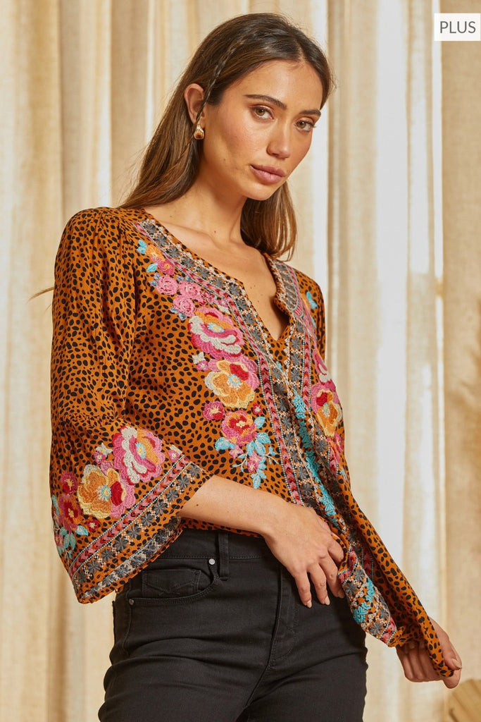 Savanna Jane Embroidered Mocha Multi Split Neckline Top With Bell Sleeve Plus-Curvy/Plus Blouses-Savanna Jane-Deja Nu Boutique, Women's Fashion Boutique in Lampasas, Texas