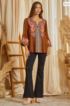 Savanna Jane Embroidered Mocha Multi Split Neckline Top With Bell Sleeve Plus-Curvy/Plus Blouses-Savanna Jane-Deja Nu Boutique, Women's Fashion Boutique in Lampasas, Texas