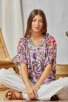 Savanna Jane Lilac Paisley Print Blouse With Floral Embroidery On Sleeves-Tops-Savanna Jane-Deja Nu Boutique, Women's Fashion Boutique in Lampasas, Texas