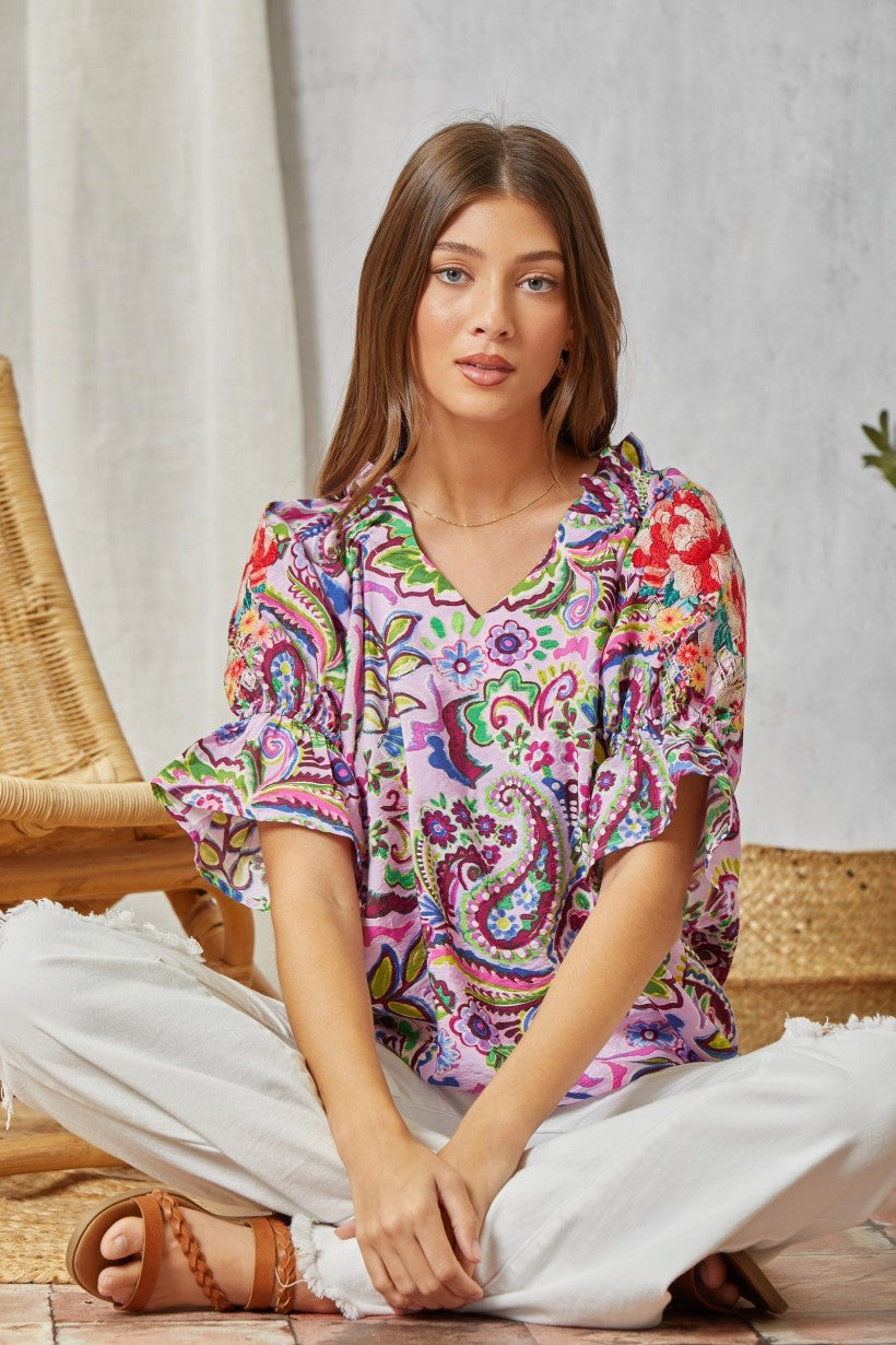 Savanna Jane Lilac Paisley Print Blouse With Floral Embroidery On Sleeves-Tops-Savanna Jane-Deja Nu Boutique, Women's Fashion Boutique in Lampasas, Texas