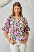 Savanna Jane Lilac Paisley Print Blouse With Floral Embroidery On Sleeves-Tops-Savanna Jane-Deja Nu Boutique, Women's Fashion Boutique in Lampasas, Texas