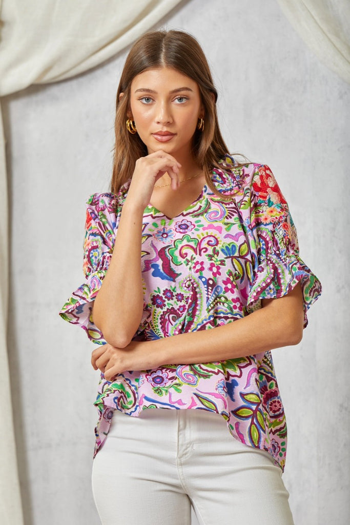 Savanna Jane Lilac Paisley Print Blouse With Floral Embroidery On Sleeves-Tops-Savanna Jane-Deja Nu Boutique, Women's Fashion Boutique in Lampasas, Texas