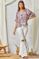 Savanna Jane Lilac Paisley Print Blouse With Floral Embroidery On Sleeves-Tops-Savanna Jane-Deja Nu Boutique, Women's Fashion Boutique in Lampasas, Texas