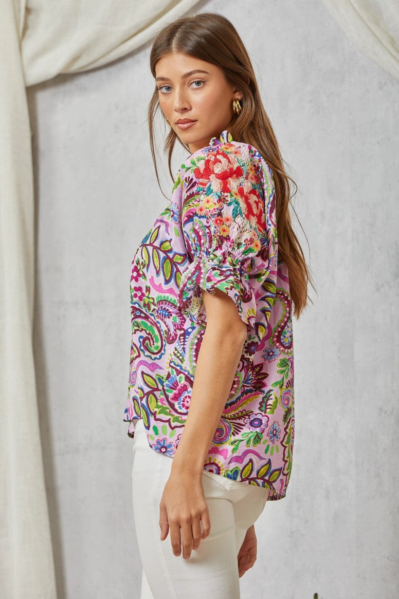 Savanna Jane Lilac Paisley Print Blouse With Floral Embroidery On Sleeves-Tops-Savanna Jane-Deja Nu Boutique, Women's Fashion Boutique in Lampasas, Texas