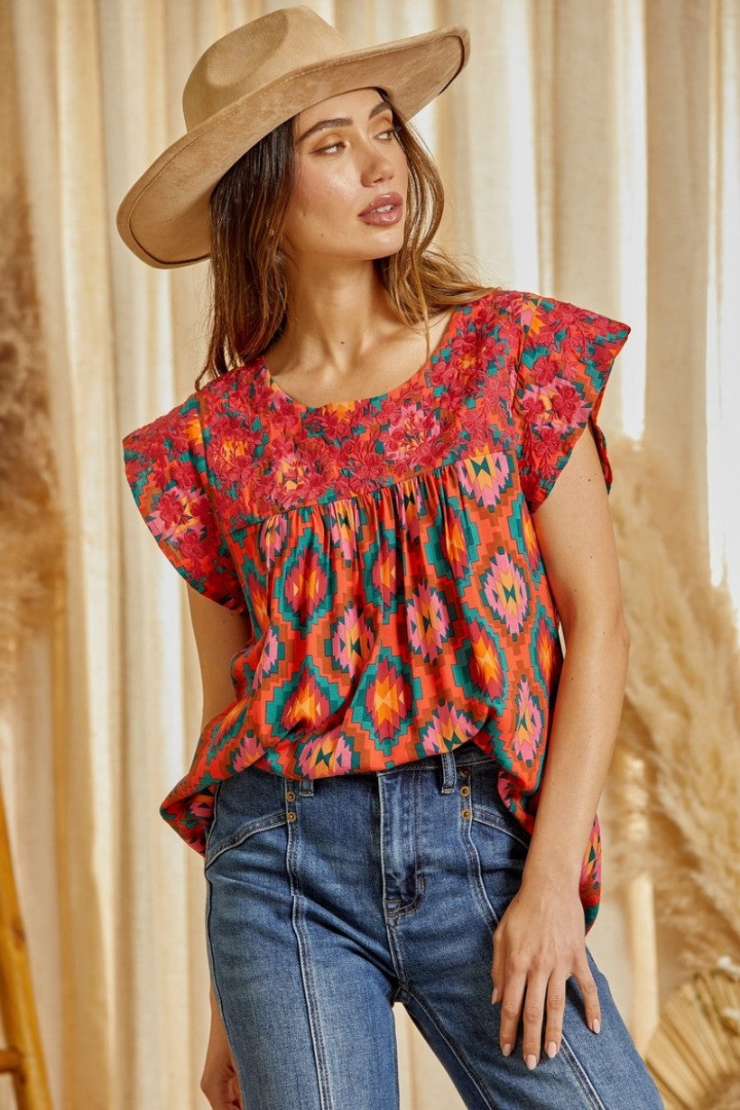 Savanna Jane Multi Colored Aztec Embroidered Flutter Sleeve Top-Tops-Savanna Jane-Deja Nu Boutique, Women's Fashion Boutique in Lampasas, Texas