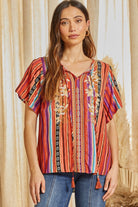 Savanna Jane Multi Colored Stripe Embroidered V-Neckline Tassel Tie Top-Tunics-Savanna Jane-Deja Nu Boutique, Women's Fashion Boutique in Lampasas, Texas