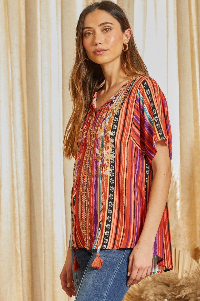 Savanna Jane Multi Colored Stripe Embroidered V-Neckline Tassel Tie Top-Tunics-Savanna Jane-Deja Nu Boutique, Women's Fashion Boutique in Lampasas, Texas