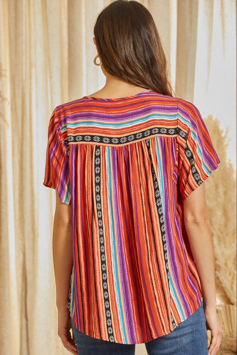 Savanna Jane Multi Colored Stripe Embroidered V-Neckline Tassel Tie Top-Tunics-Savanna Jane-Deja Nu Boutique, Women's Fashion Boutique in Lampasas, Texas