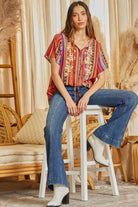 Savanna Jane Multi Colored Stripe Embroidered V-Neckline Tassel Tie Top-Tunics-Savanna Jane-Deja Nu Boutique, Women's Fashion Boutique in Lampasas, Texas