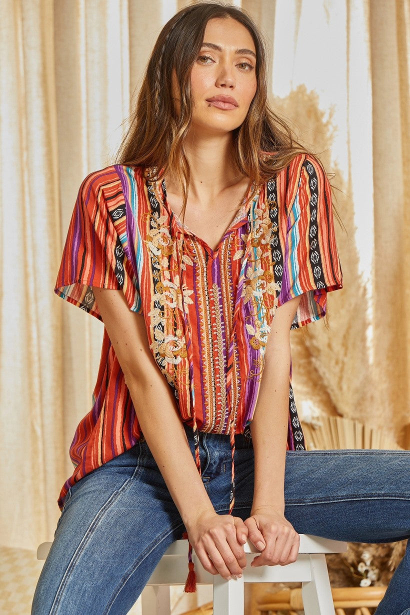 Savanna Jane Multi Colored Stripe Embroidered V-Neckline Tassel Tie Top-Tunics-Savanna Jane-Deja Nu Boutique, Women's Fashion Boutique in Lampasas, Texas