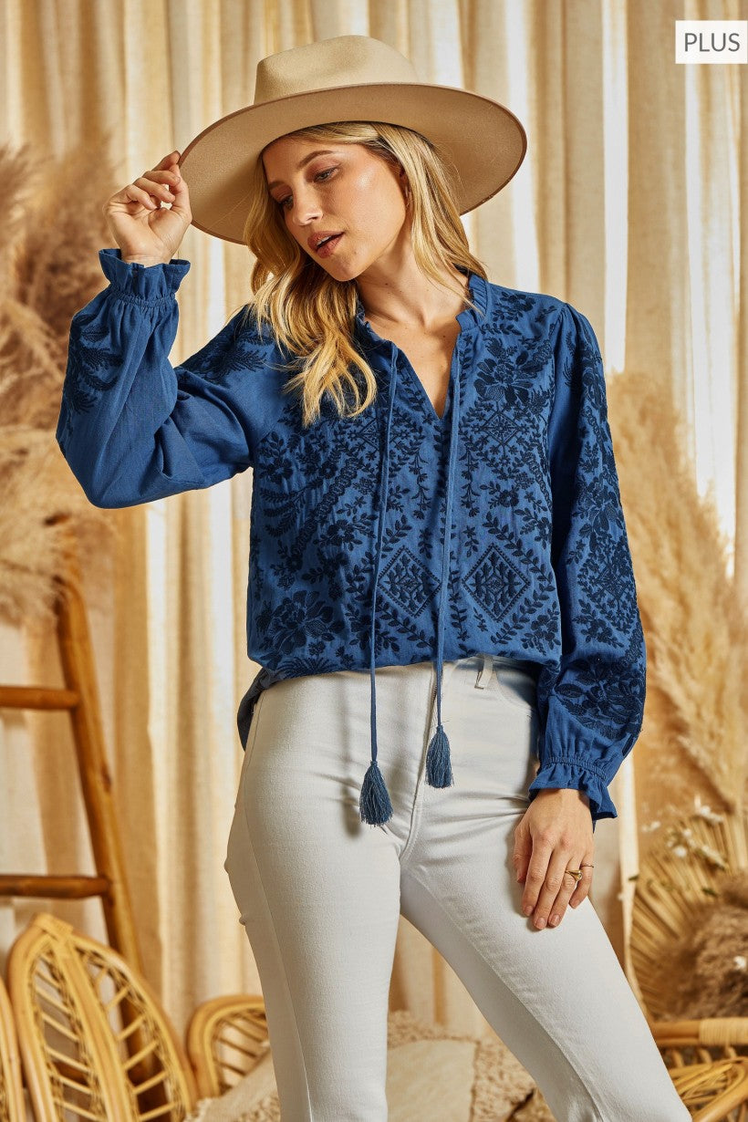 Savanna Jane Navy Embroidered Tunic Top With Balloon Sleeves Plus-Curvy/Plus Blouses-Savanna Jane-Deja Nu Boutique, Women's Fashion Boutique in Lampasas, Texas