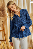 Savanna Jane Navy Embroidered Tunic Top With Balloon Sleeves Plus-Curvy/Plus Blouses-Savanna Jane-Deja Nu Boutique, Women's Fashion Boutique in Lampasas, Texas