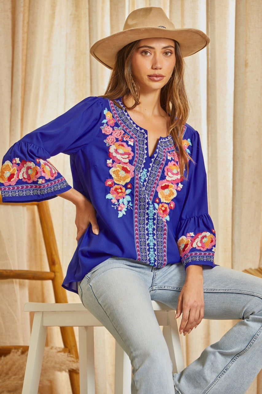 Savanna Jane Royal Blue Embroidered Top With Split Neckline And Bell Sleeve Plus-Curvy/Plus Blouses-Savanna Jane-Deja Nu Boutique, Women's Fashion Boutique in Lampasas, Texas