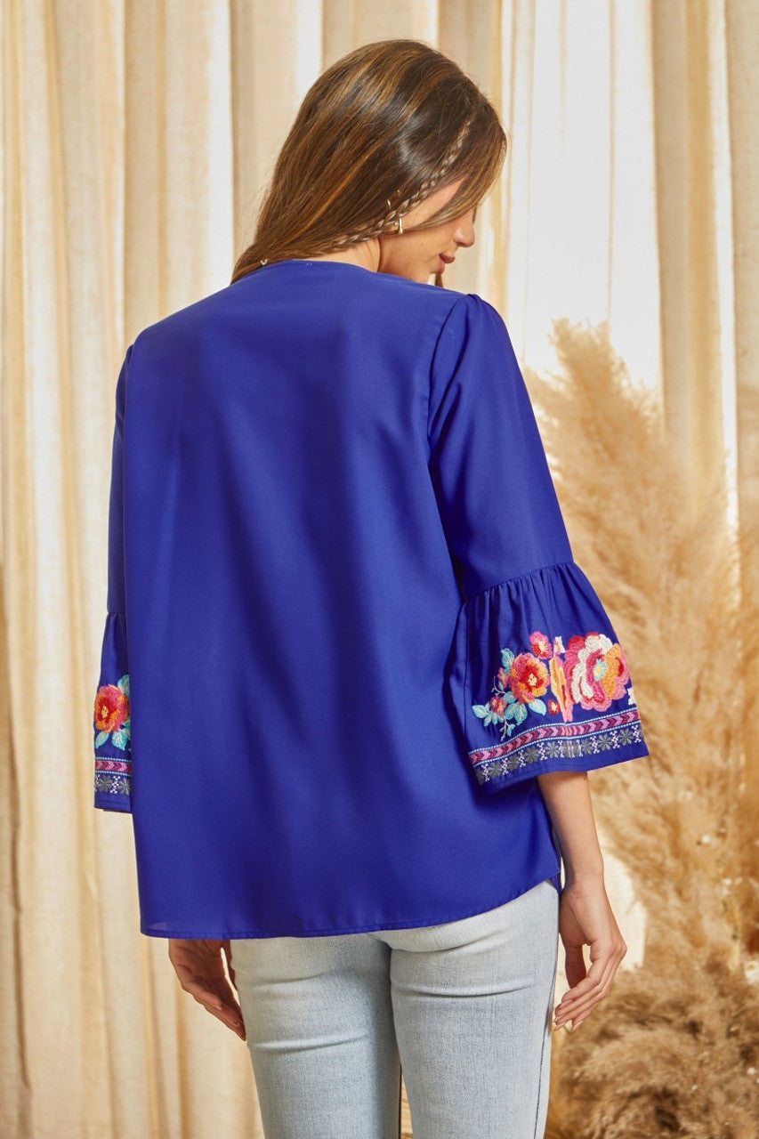 Savanna Jane Royal Blue Embroidered Top With Split Neckline And Bell Sleeve Plus-Curvy/Plus Blouses-Savanna Jane-Deja Nu Boutique, Women's Fashion Boutique in Lampasas, Texas