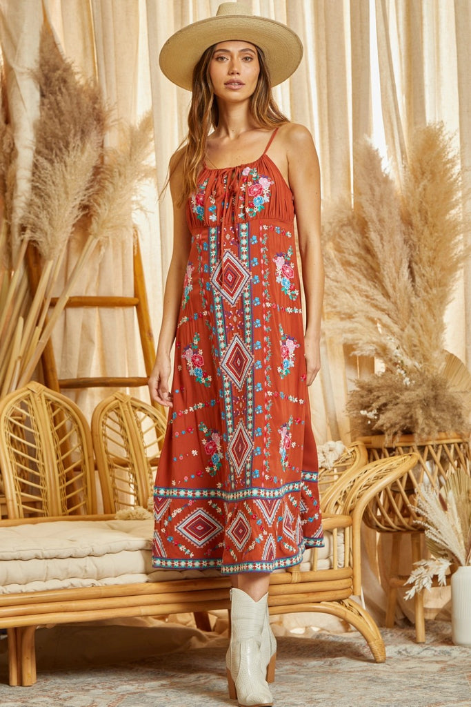 Savanna Jane Rust Embroidered Midi Dress With Tie Front Details-Midi Dresses-Savanna Jane-Deja Nu Boutique, Women's Fashion Boutique in Lampasas, Texas