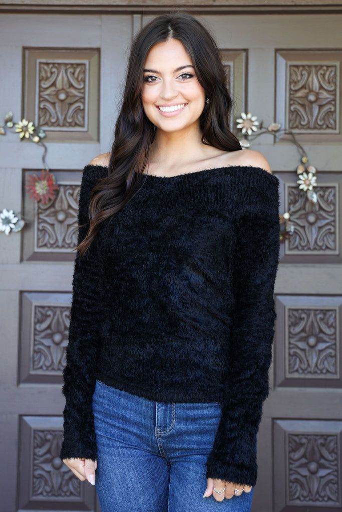 Scala Seamless Black Furry Long Sleeve Off The Shoulder Sweater-Sweaters-Scala Seamless-Deja Nu Boutique, Women's Fashion Boutique in Lampasas, Texas