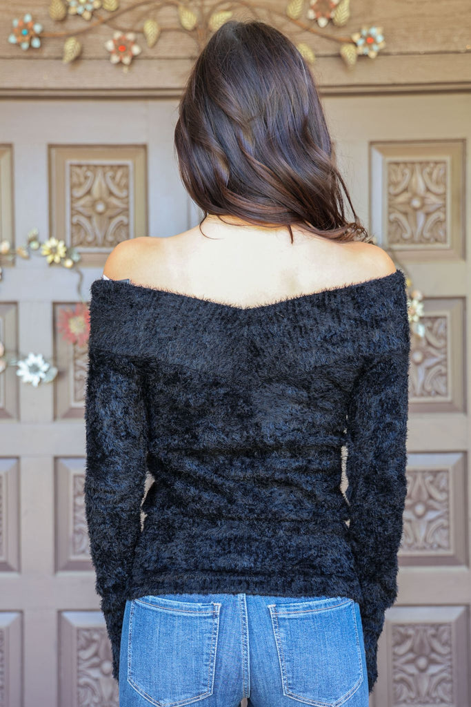 Scala Seamless Black Furry Long Sleeve Off The Shoulder Sweater-Sweaters-Scala Seamless-Deja Nu Boutique, Women's Fashion Boutique in Lampasas, Texas