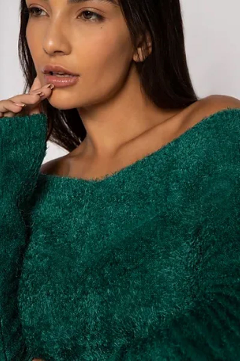 Scala Seamless Emerald Green Furry Long Sleeve Off The Shoulder Sweater-Sweaters-Scala Seamless-Deja Nu Boutique, Women's Fashion Boutique in Lampasas, Texas