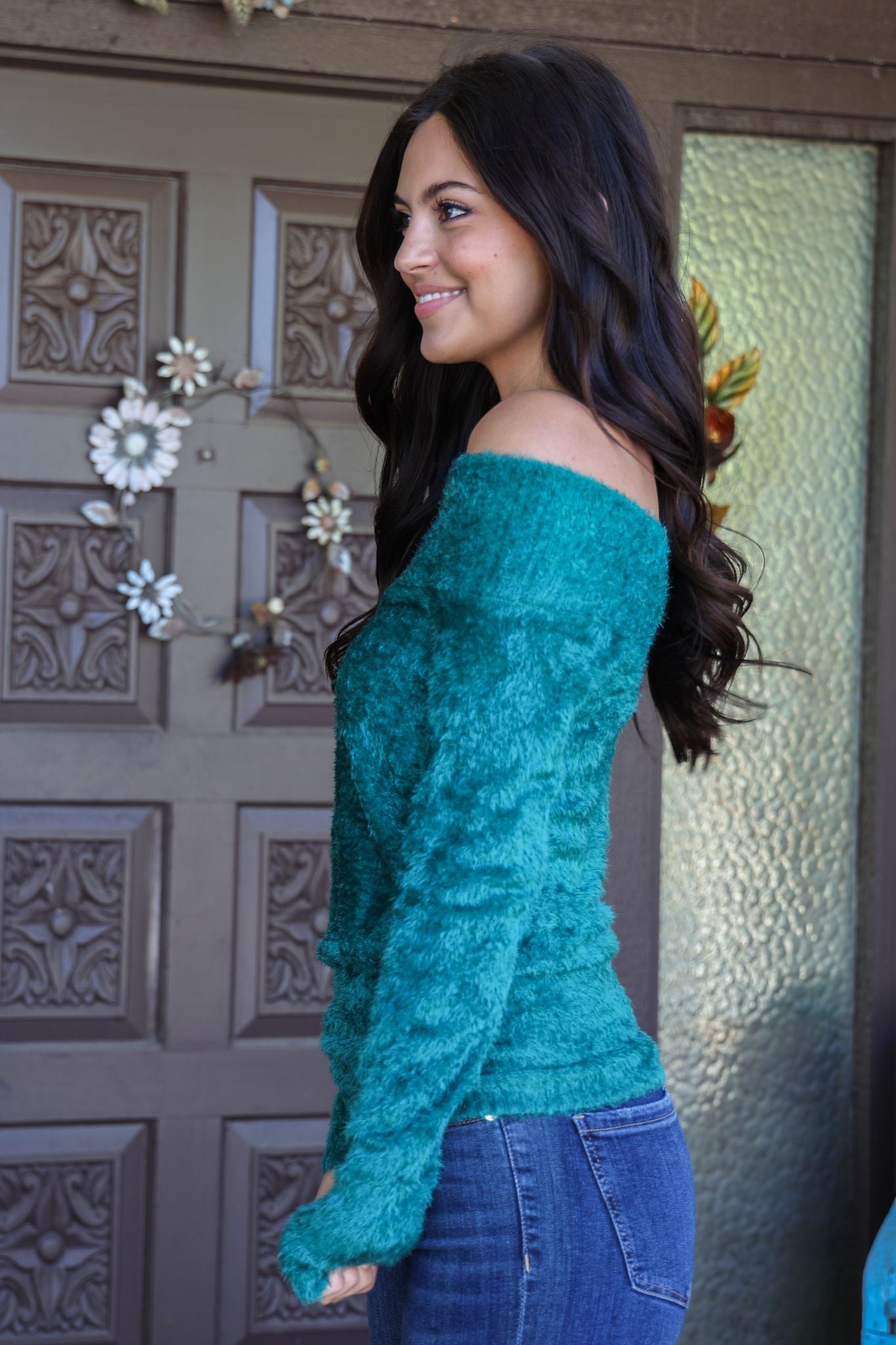 Scala Seamless Emerald Green Furry Long Sleeve Off The Shoulder Sweater-Sweaters-Scala Seamless-Deja Nu Boutique, Women's Fashion Boutique in Lampasas, Texas