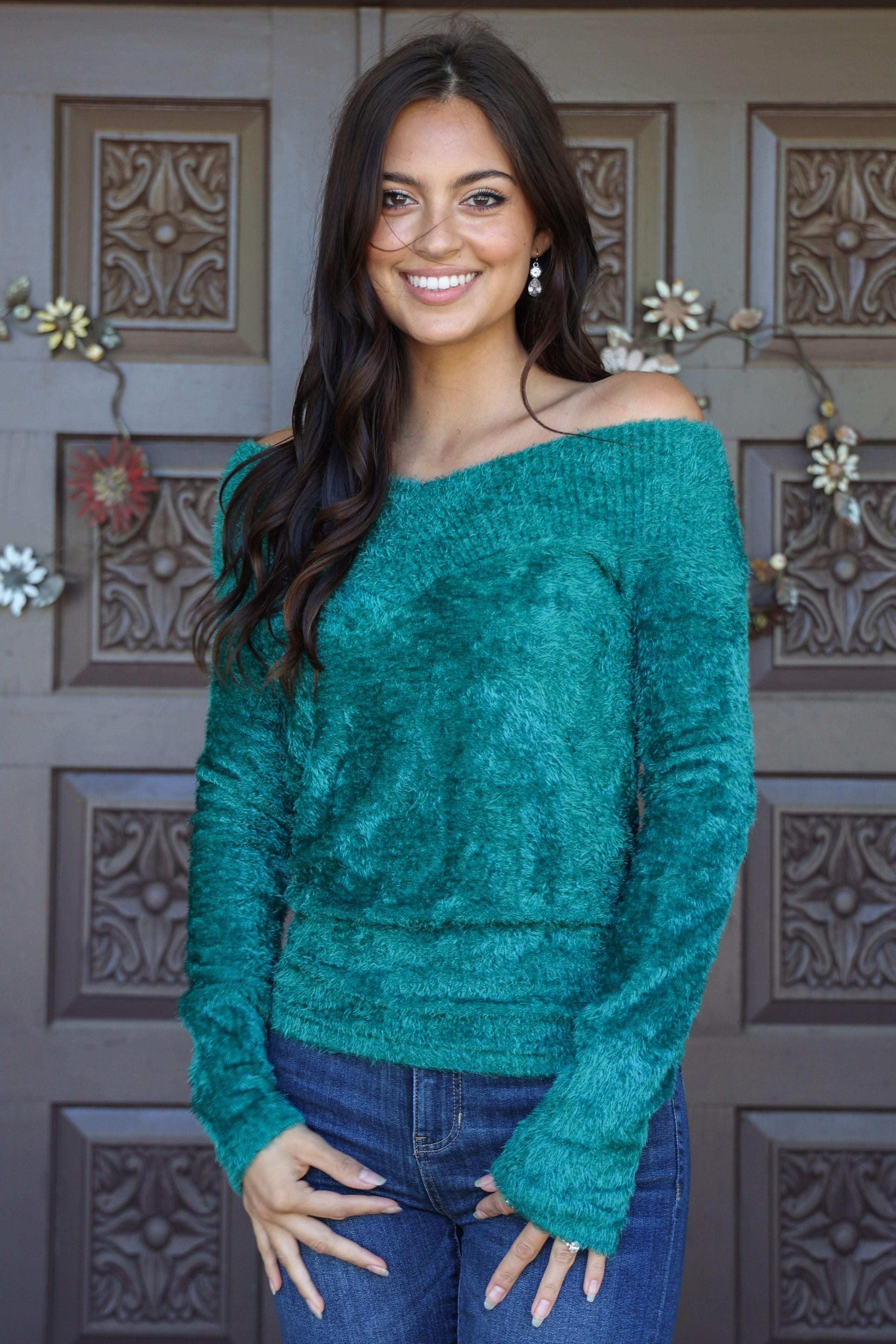Scala Seamless Emerald Green Furry Long Sleeve Off The Shoulder Sweater-Sweaters-Scala Seamless-Deja Nu Boutique, Women's Fashion Boutique in Lampasas, Texas