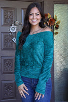 Scala Seamless Emerald Green Furry Long Sleeve Off The Shoulder Sweater-Sweaters-Scala Seamless-Deja Nu Boutique, Women's Fashion Boutique in Lampasas, Texas