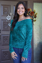 Scala Seamless Emerald Green Furry Long Sleeve Off The Shoulder Sweater-Sweaters-Scala Seamless-Deja Nu Boutique, Women's Fashion Boutique in Lampasas, Texas
