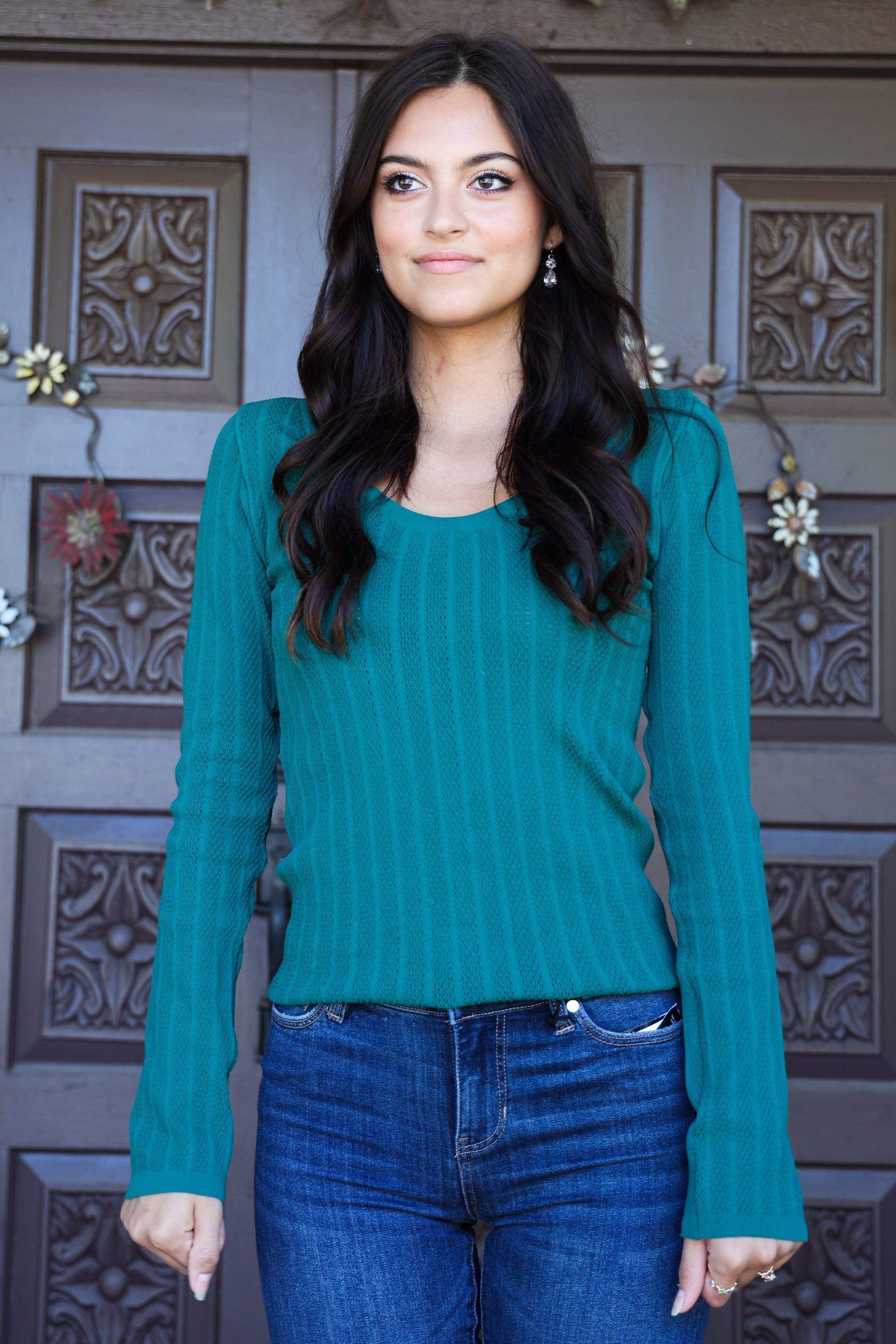 Scala Seamless Emerald Lace Long Sleeve U-Neckline Top-Long Sleeves-Scala Seamless-Deja Nu Boutique, Women's Fashion Boutique in Lampasas, Texas