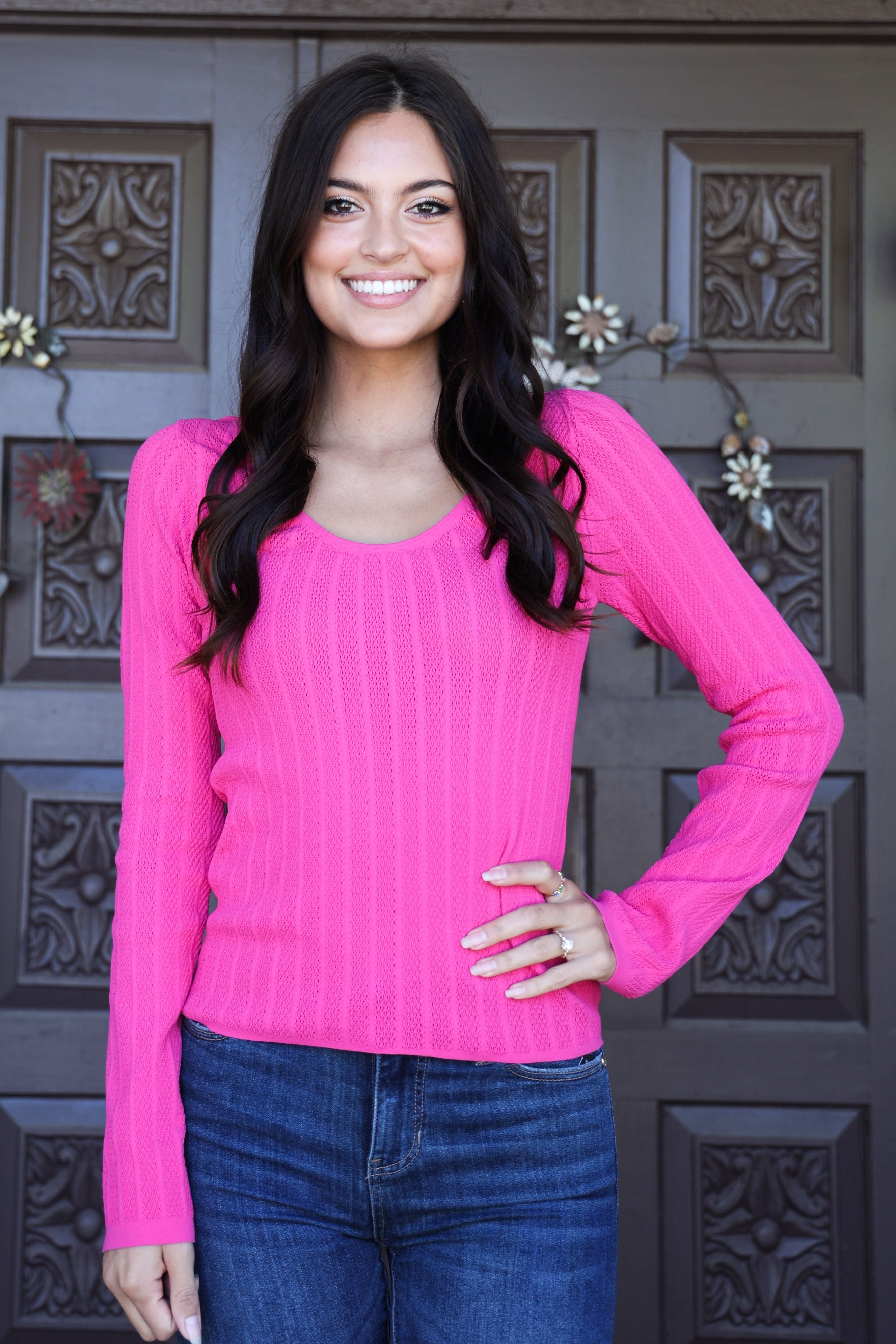 Scala Seamless Hot Pink Lace Long Sleeve U-Neckline Top-Long Sleeves-Scala Seamless-Deja Nu Boutique, Women's Fashion Boutique in Lampasas, Texas