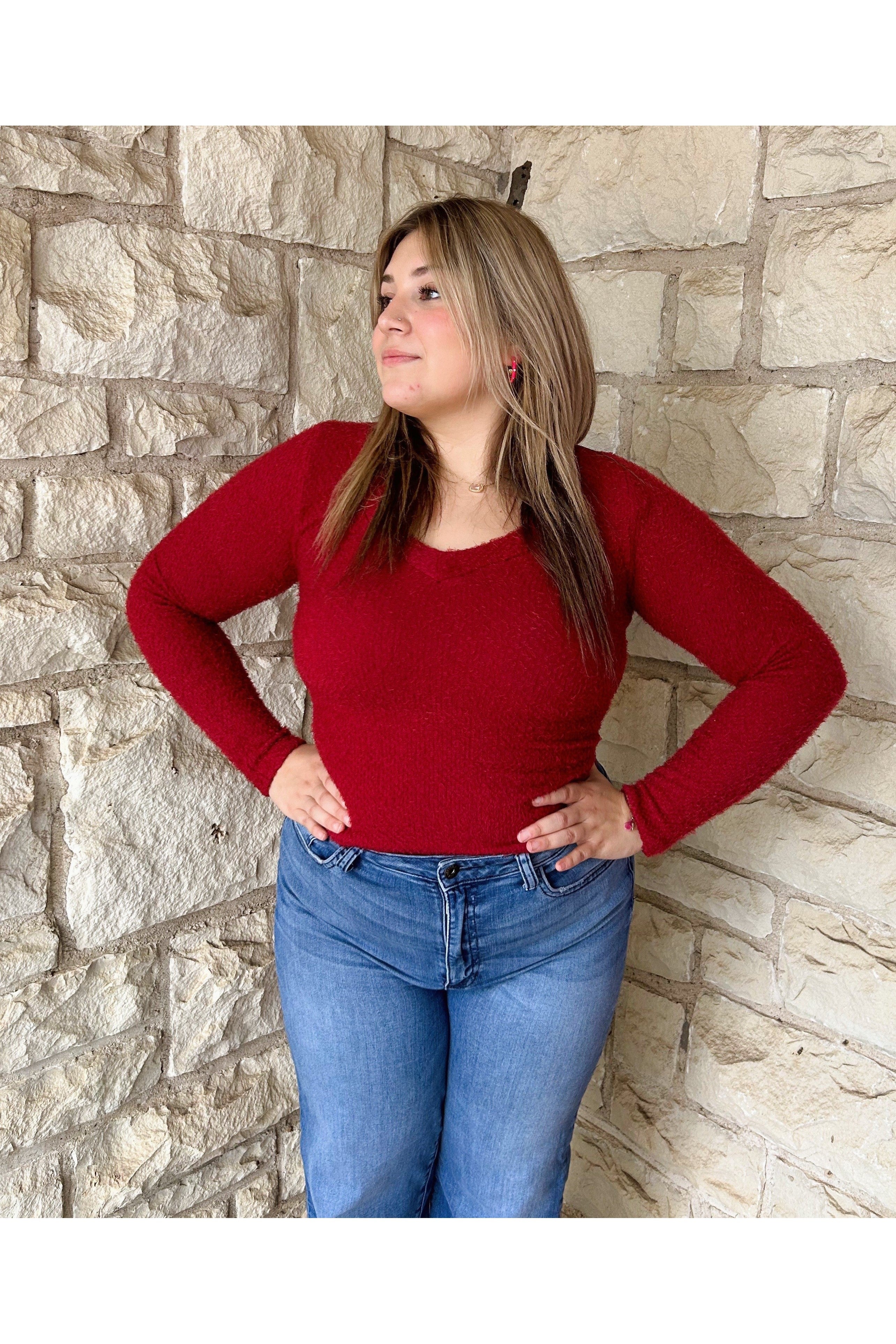 Scala Seamless Long Sleeve Furry V Neck Sweater In Garnet-Sweaters-Scala Seamless-Deja Nu Boutique, Women's Fashion Boutique in Lampasas, Texas