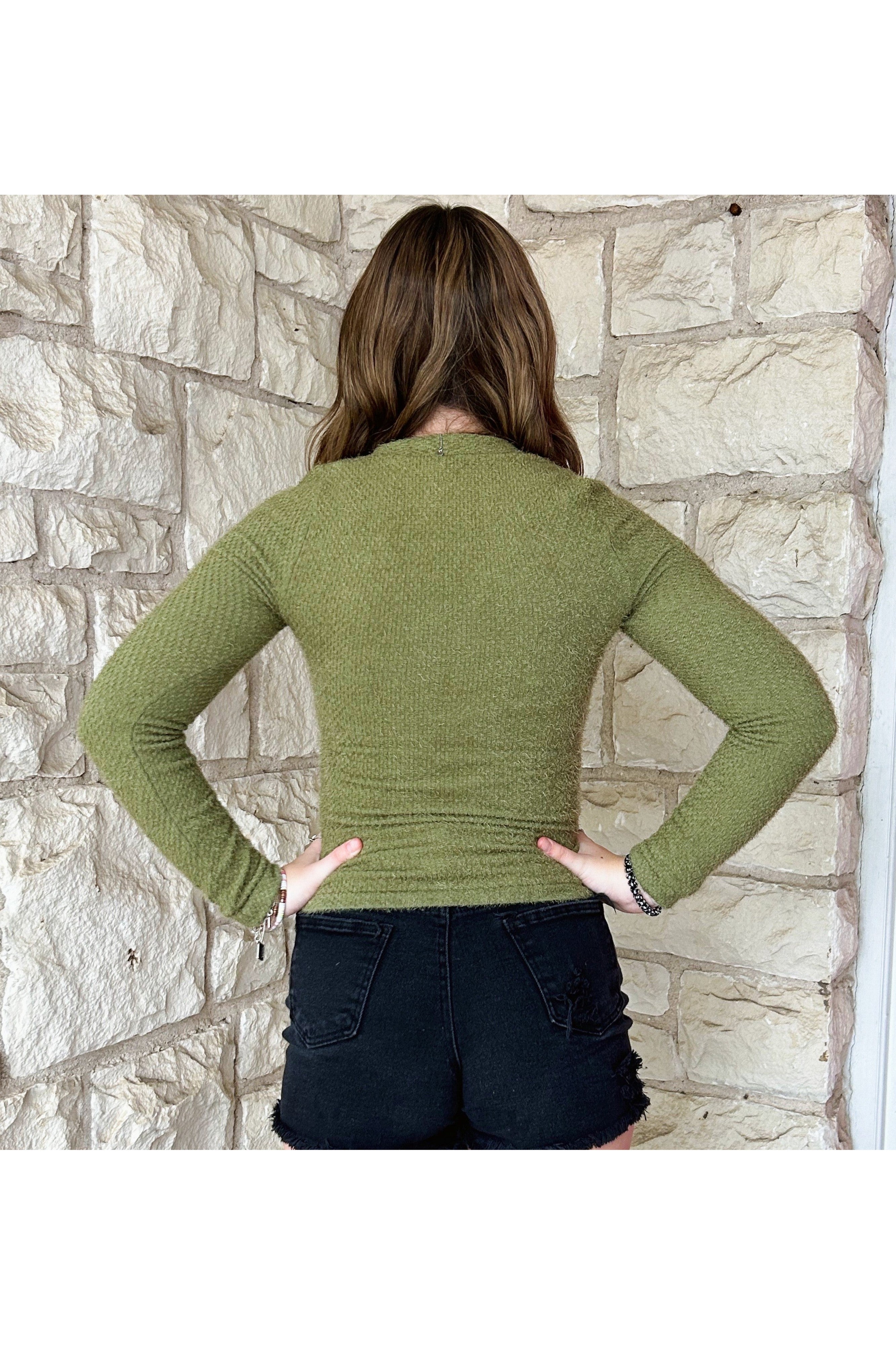 Scala Seamless Long Sleeve Furry V Neck Sweater In Verde Moss-Sweaters-Scala Seamless-Deja Nu Boutique, Women's Fashion Boutique in Lampasas, Texas