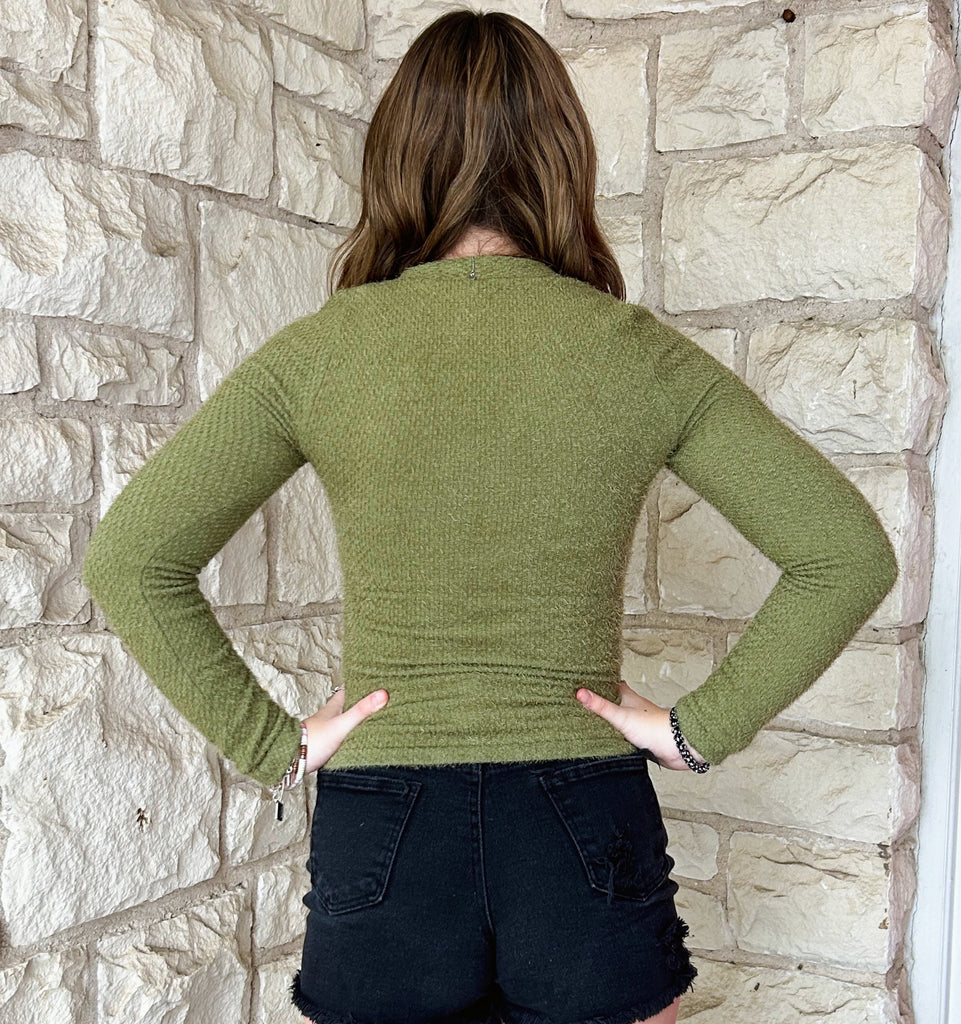 Scala Seamless Long Sleeve Furry V Neck Sweater In Verde Moss-Sweaters-Scala Seamless-Deja Nu Boutique, Women's Fashion Boutique in Lampasas, Texas