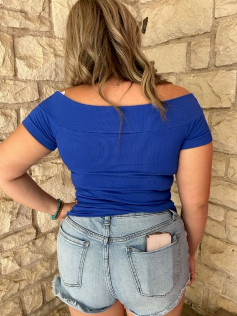 Scala Seamless Off The Shoulder Short Sleeve Fitted Top In Mykonos Blue-Curvy/Plus Camis and Tanks-Scala Seamless-Deja Nu Boutique, Women's Fashion Boutique in Lampasas, Texas