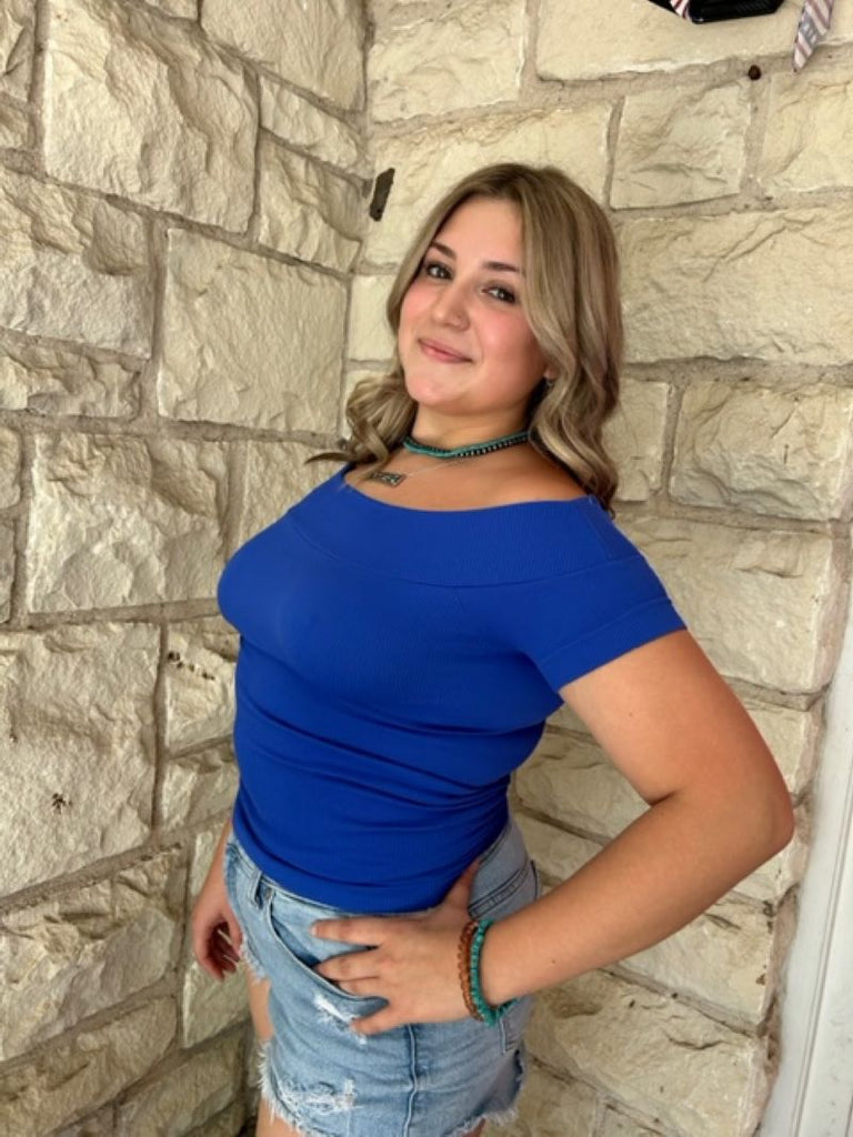 Scala Seamless Off The Shoulder Short Sleeve Fitted Top In Mykonos Blue-Curvy/Plus Camis and Tanks-Scala Seamless-Deja Nu Boutique, Women's Fashion Boutique in Lampasas, Texas