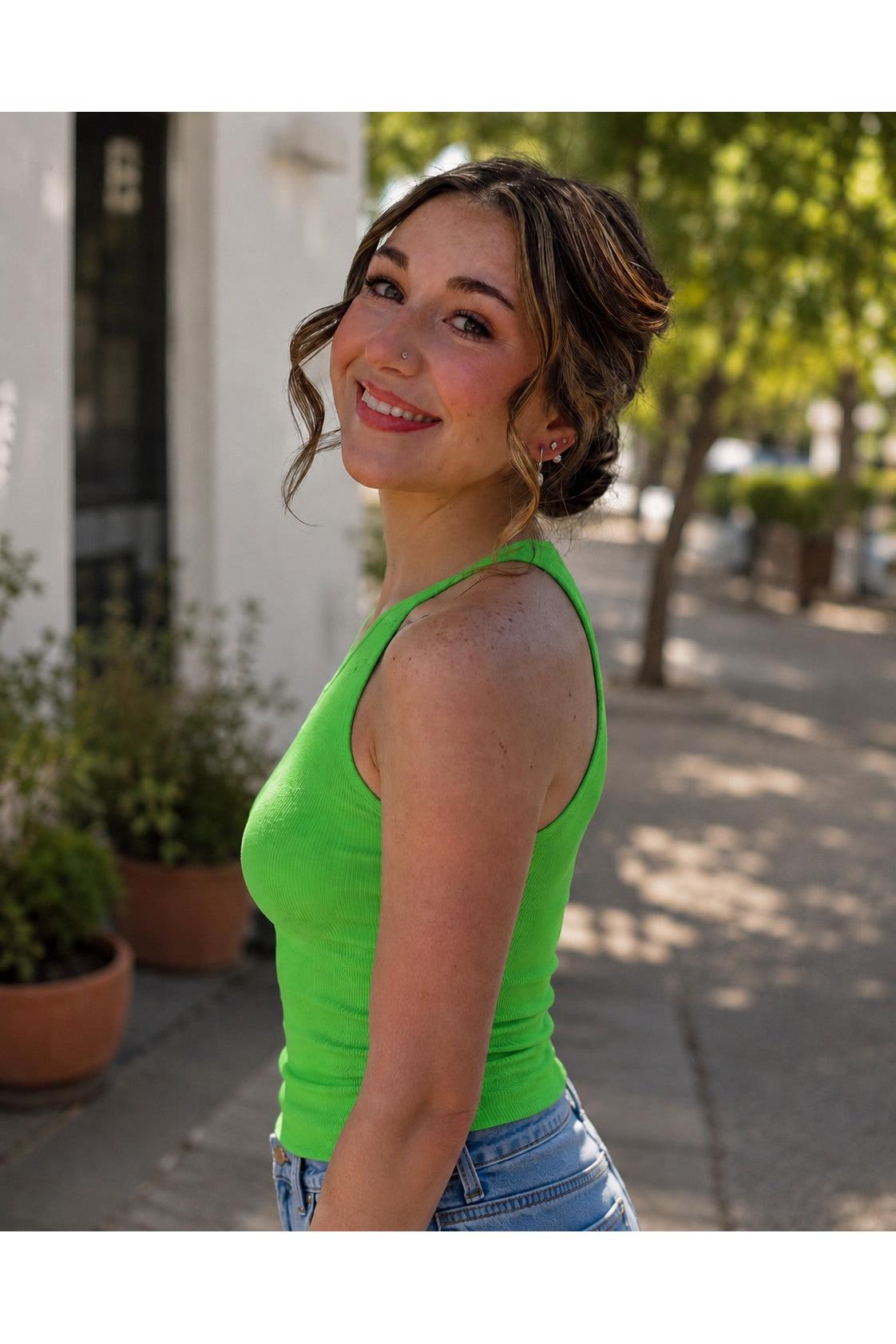 Scala Seamless Ribbed Sleeveless Round Neck Tank With Built In Bra In Bright Green-Camis/Tanks-Scala Seamless-Deja Nu Boutique, Women's Fashion Boutique in Lampasas, Texas