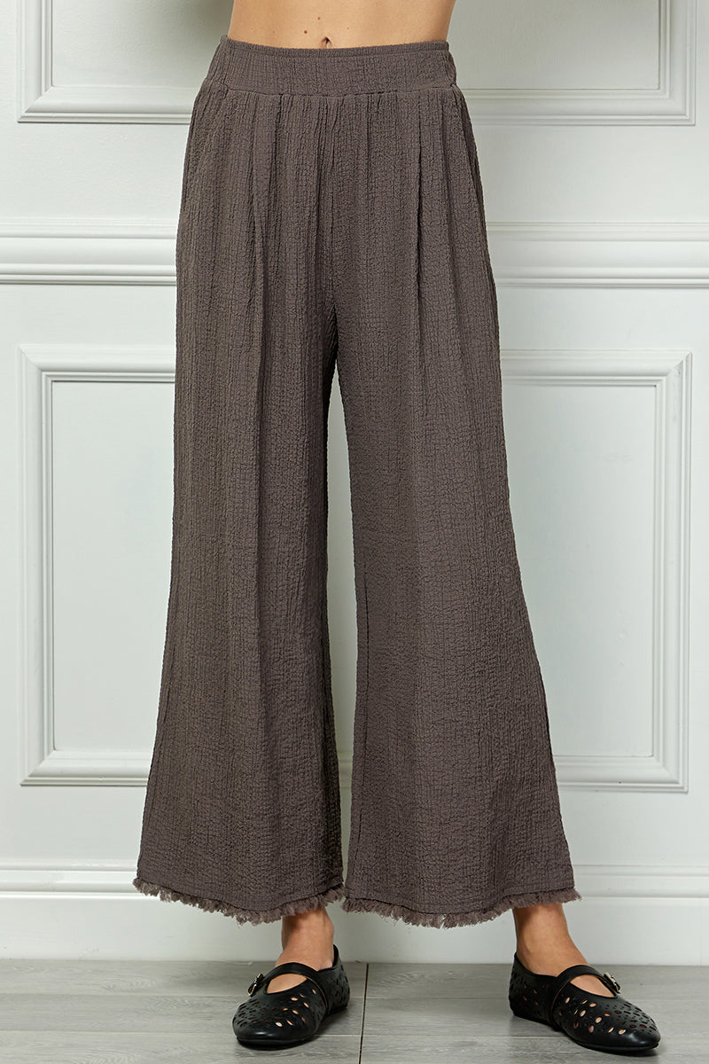 See And Be Seen Brown Seersucker Fringe Trim Pants In Plus-Curvy/Plus Bottoms-See And Be Seen-Deja Nu Boutique, Women's Fashion Boutique in Lampasas, Texas