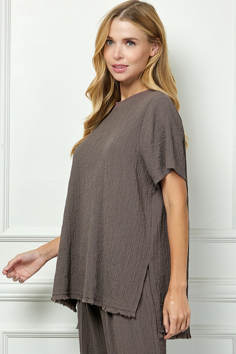 See And Be Seen Brown Seersucker Fringe Tunic Top In Plus-Curvy/Plus Tops-See And Be Seen-Deja Nu Boutique, Women's Fashion Boutique in Lampasas, Texas