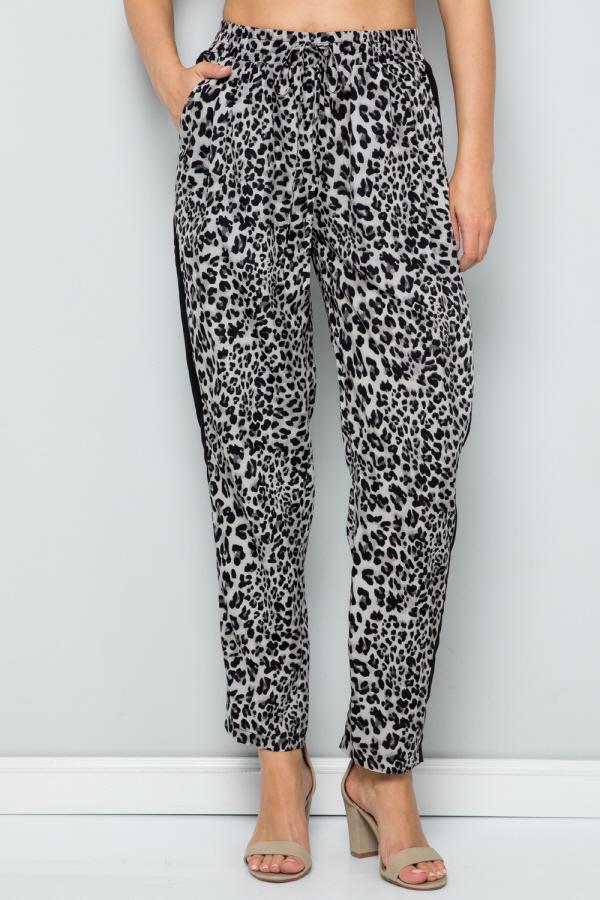 See And Be Seen Leopard Print Straight Leg Pants With Black Side Stripe In Grey-Bottoms-See And Be Seen-Deja Nu Boutique, Women's Fashion Boutique in Lampasas, Texas