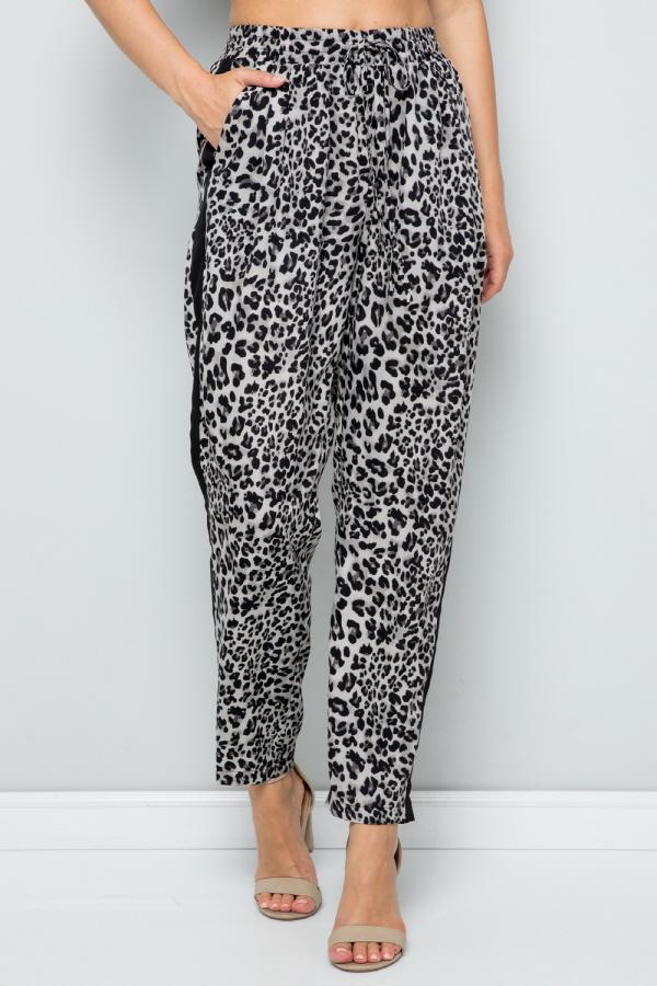 See And Be Seen Leopard Print Straight Leg Pants With Black Side Stripe In Grey-Bottoms-See And Be Seen-Deja Nu Boutique, Women's Fashion Boutique in Lampasas, Texas