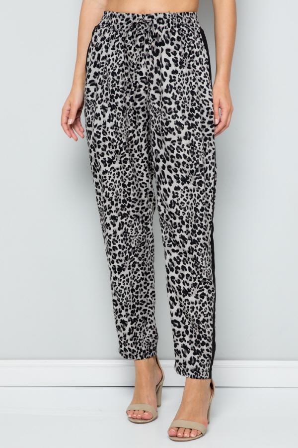 See And Be Seen Leopard Print Straight Leg Pants With Black Side Stripe In Grey-Bottoms-See And Be Seen-Deja Nu Boutique, Women's Fashion Boutique in Lampasas, Texas