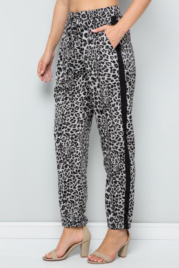 See And Be Seen Leopard Print Straight Leg Pants With Black Side Stripe In Grey-Bottoms-See And Be Seen-Deja Nu Boutique, Women's Fashion Boutique in Lampasas, Texas